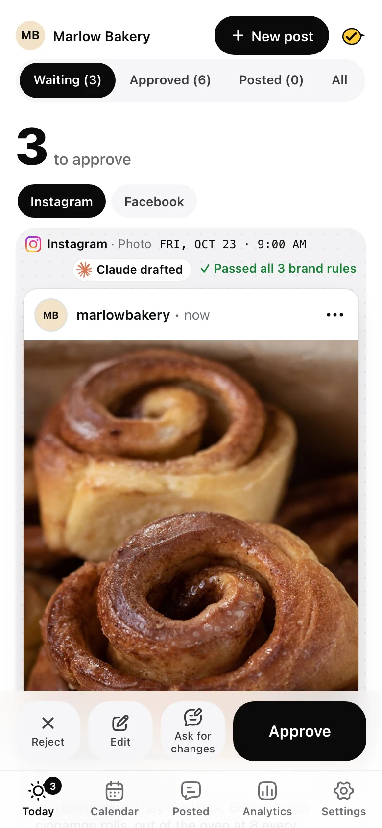 Yaybird's Today screen on a phone: an Instagram post Claude drafted for a bakery, with its account, time and brand rules check, and Reject, Edit, Ask for changes and Approve buttons