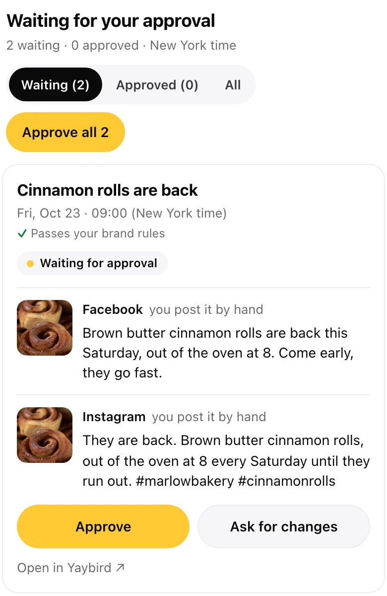 Yaybird's approval list as ChatGPT shows it, with two posts waiting and the Approve all button