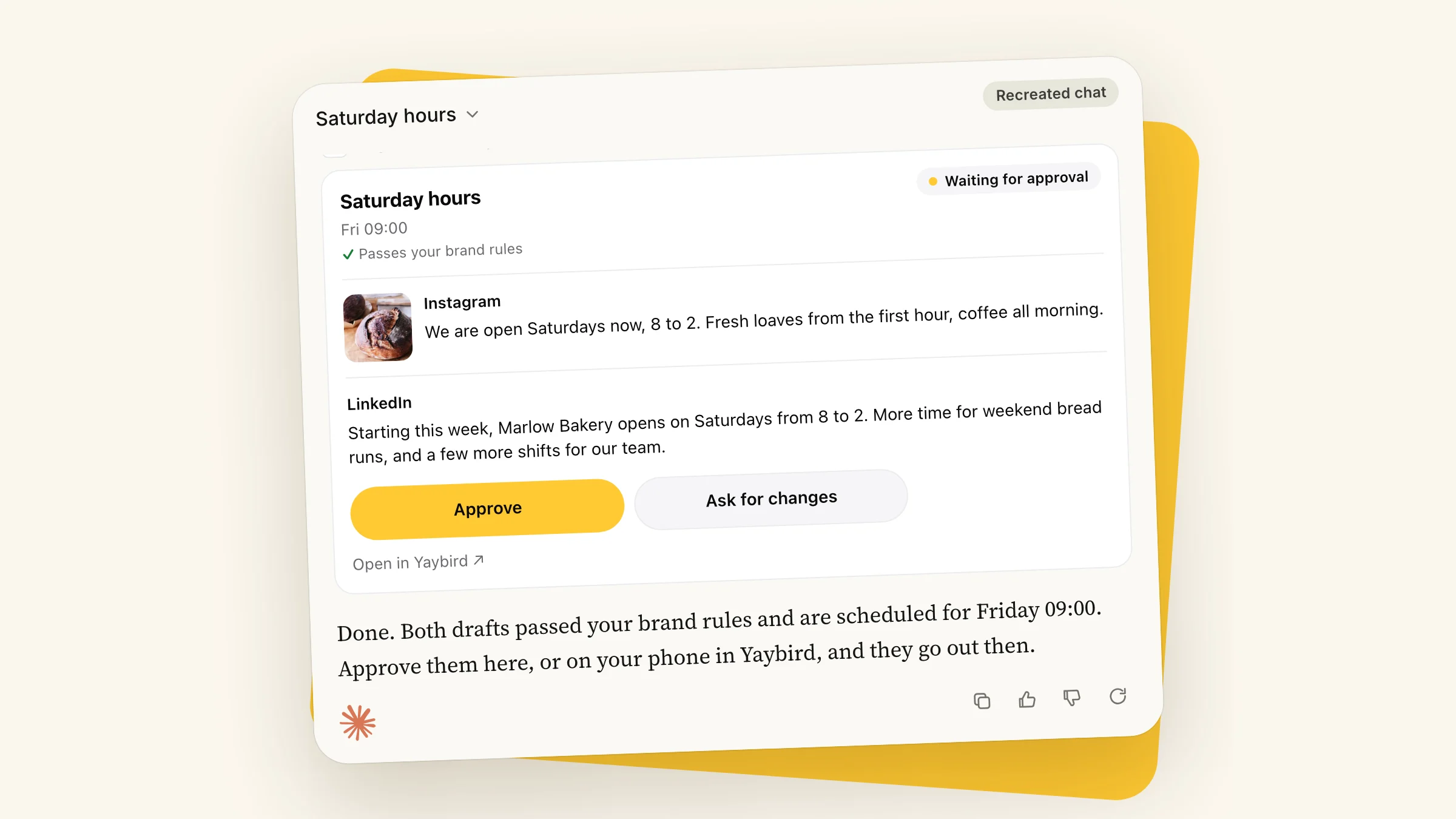 A recreated Claude chat with Yaybird's post card for an Instagram and a LinkedIn post, with Approve and Ask for changes, above Claude's reply
