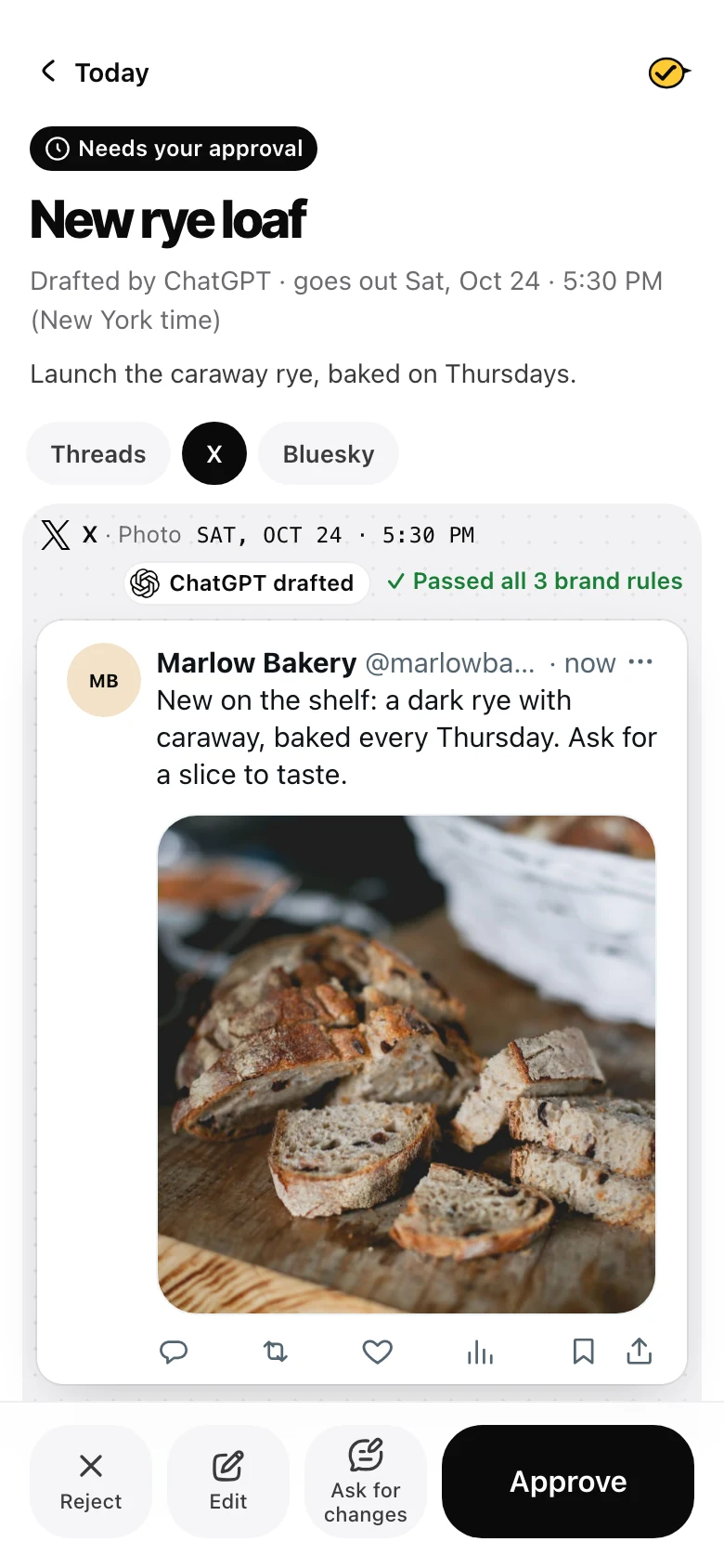An X post drafted by an AI app, waiting for approval in Yaybird with Approve and Ask for changes