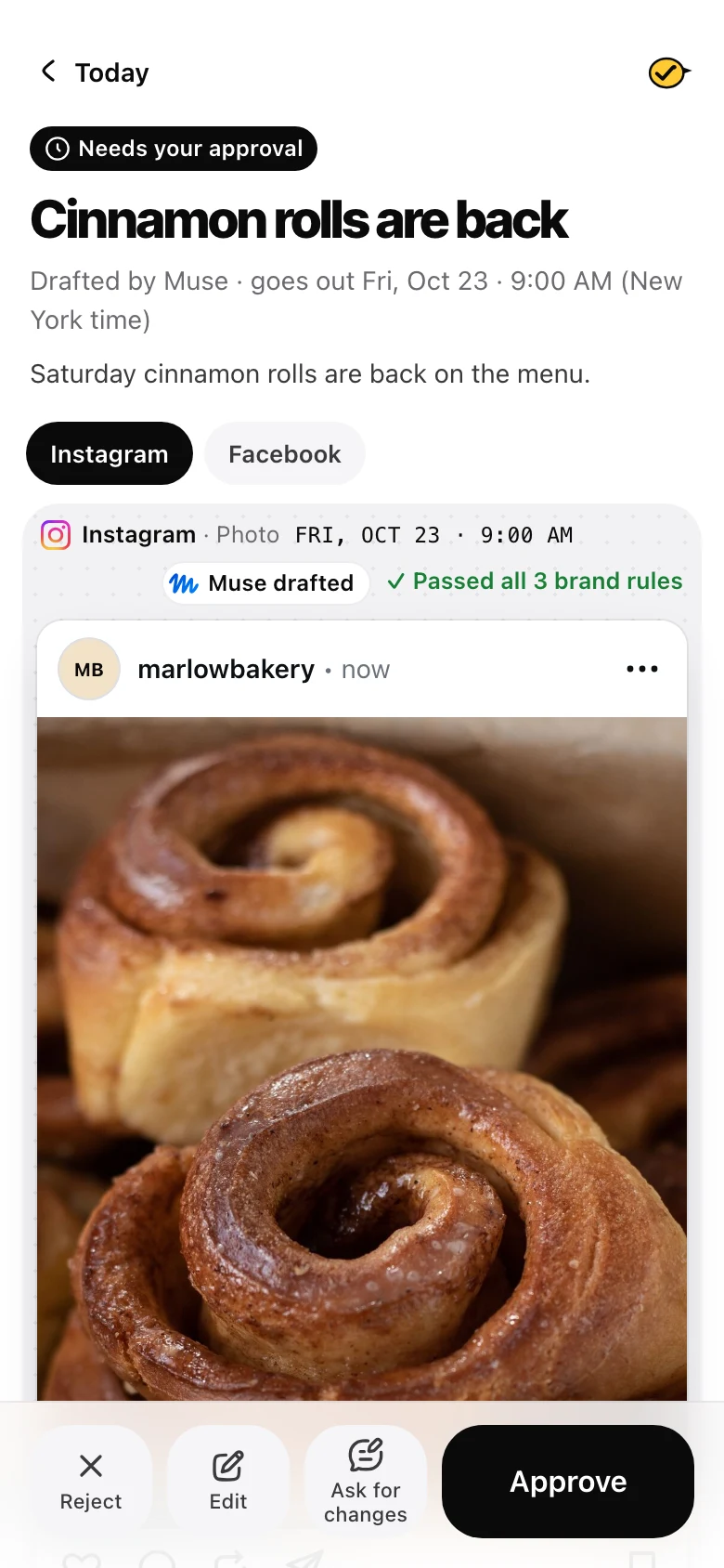 A post drafted by an AI app for Instagram and Facebook, waiting for approval in Yaybird