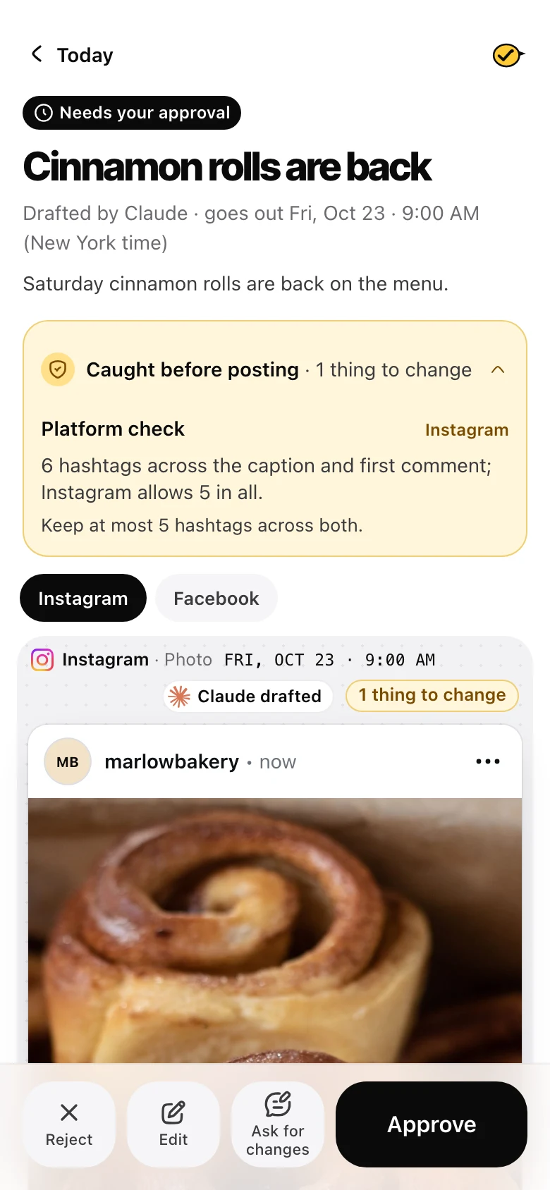 Yaybird's check stopping an Instagram post with 3 hashtags in the caption and 3 in the first comment